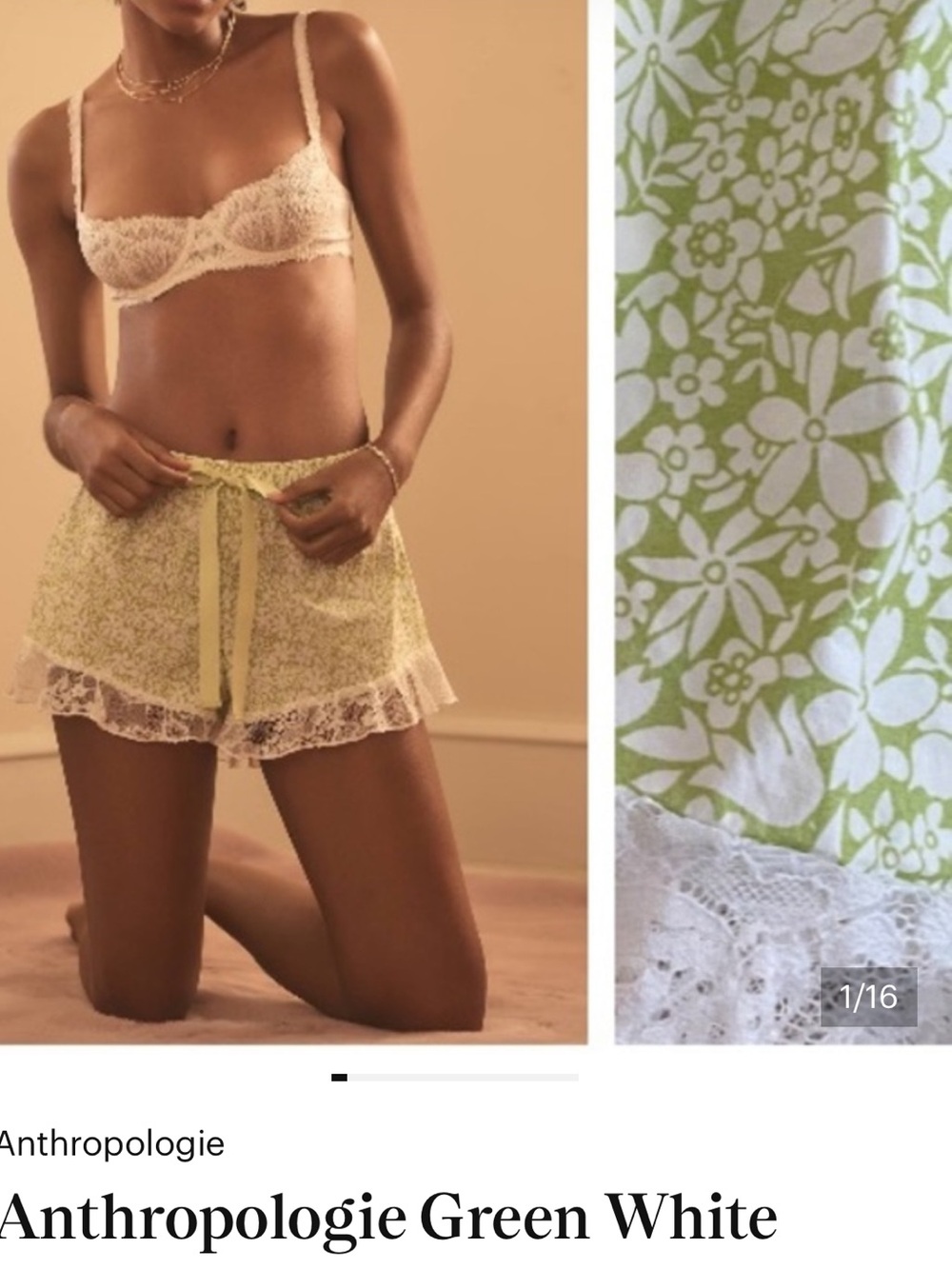 NWT Anthropologie Green & White Floral Lace Pajama Shorts